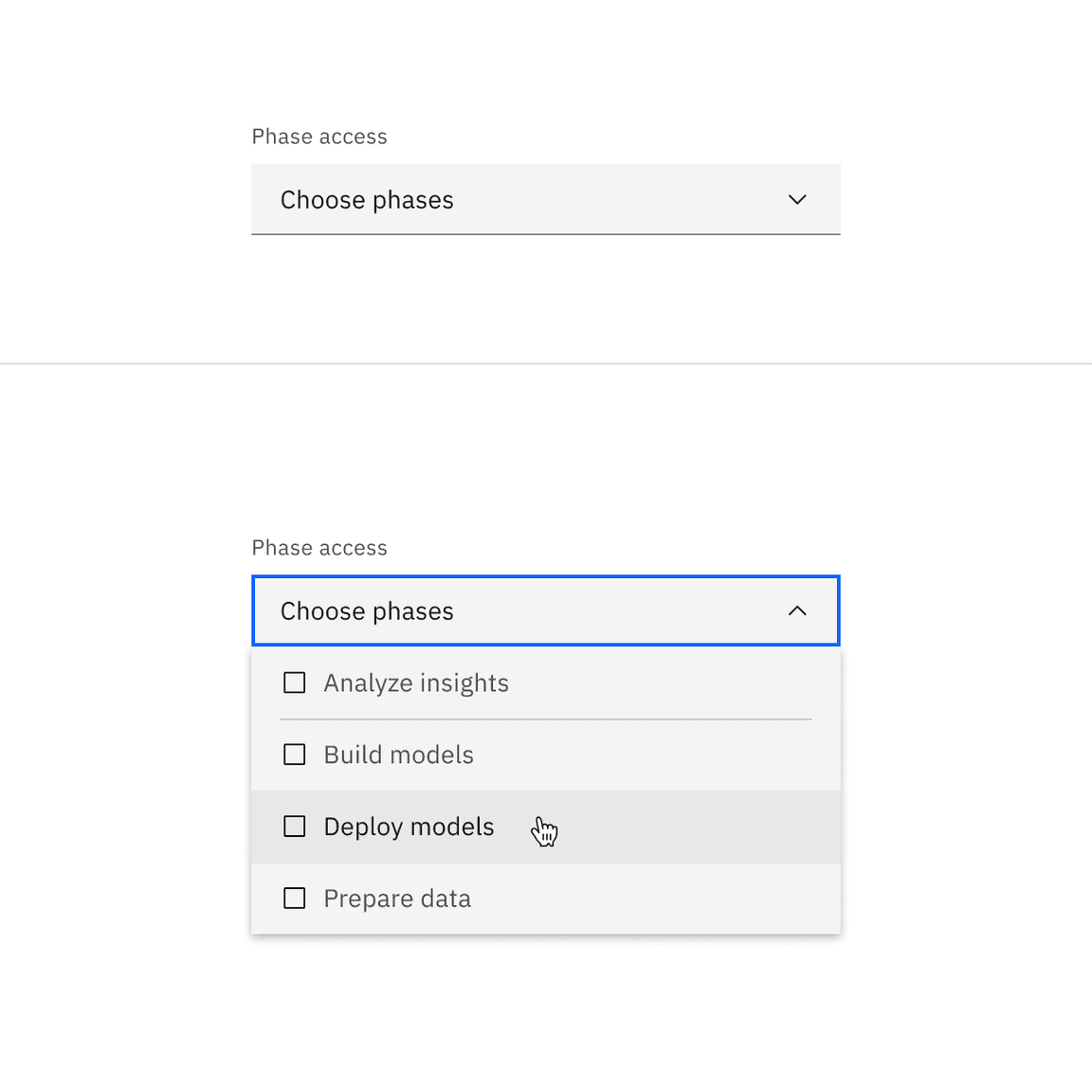 Default multiselect dropdown closed and open states.