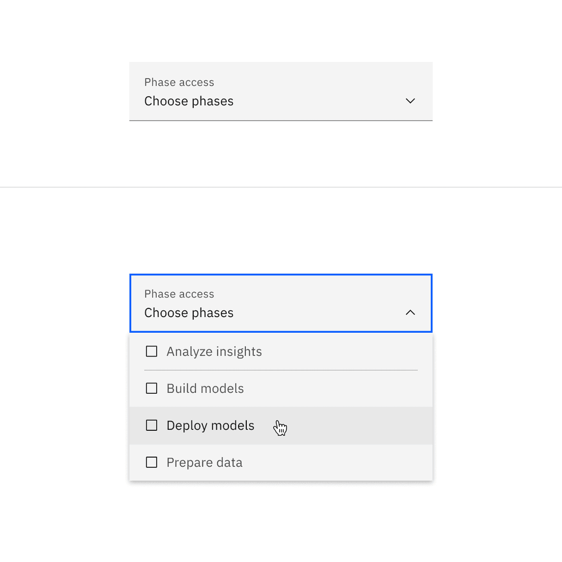 Fluid multiselect dropdown closed and open states.